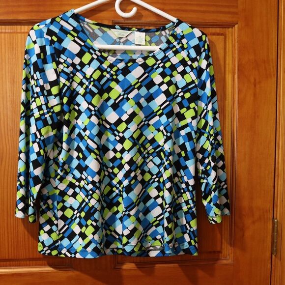 Laura Ashley Bright Colorful Blue Green Geometric Print Top Medium - Picture 2 of 8